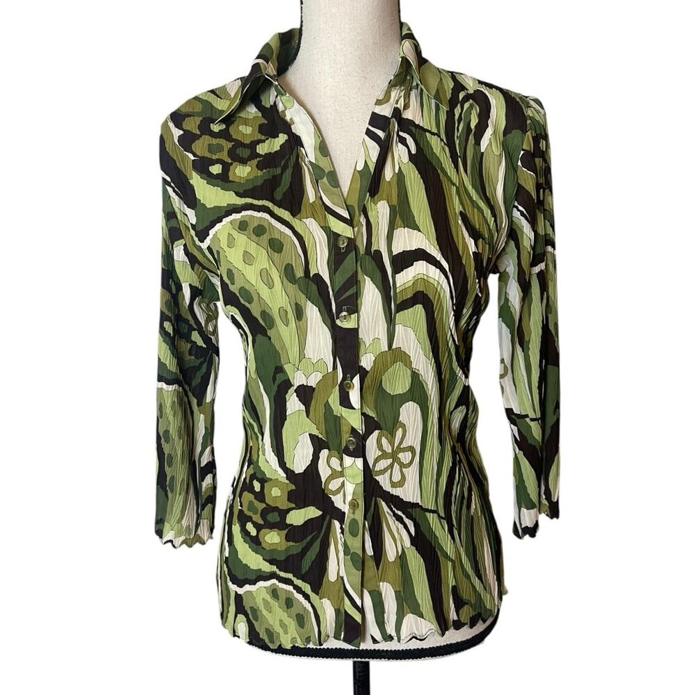 VTG Y2K Nicola Crinkle Top Small Green Abstract Psychedelic Mod Fairygrunge